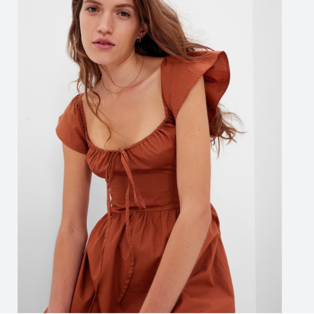 NWT Gap 100% Cotton Flutter Sleeve Midi Dress Brown Large Tall